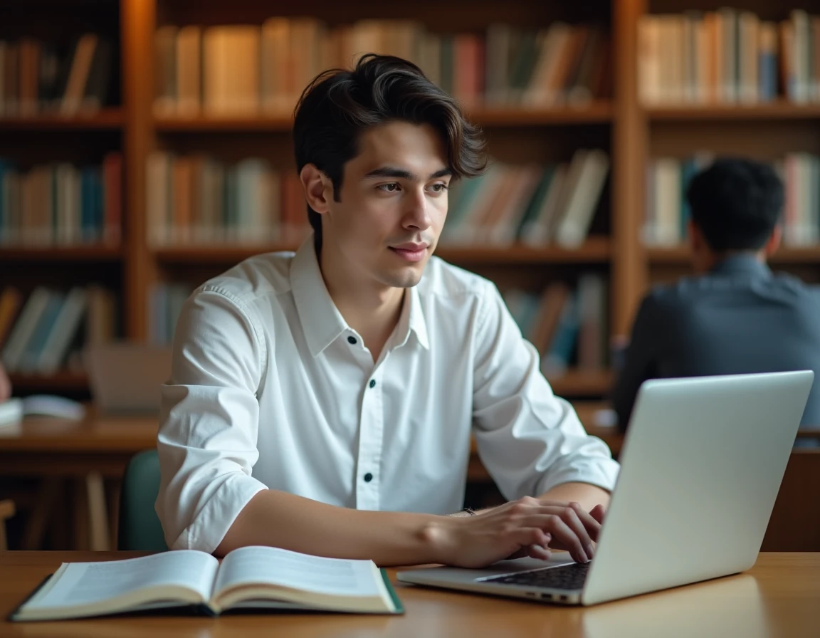 Étudiant universitaire combinant un manuel TOEIC papier, un ordinateur portable et une tablette pour s'entraîner avec plusieurs outils numériques dans une bibliothèque