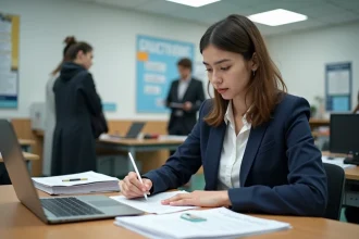 Étudiante en alternance remplissant un formulaire CVEC dans un bureau administratif universitaire