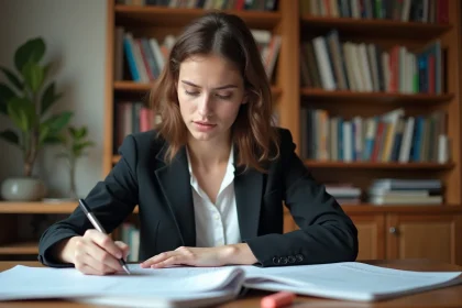 &Eacute;tudiante en grande &eacute;cole analysant le classement SIGEM 2026 sur des documents imprim&eacute;s pos&eacute;s sur un bureau en bois