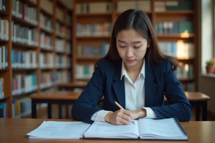 Étudiante analysant les coefficients BCE 2026 sur des feuilles imprimées dans une bibliothèque universitaire