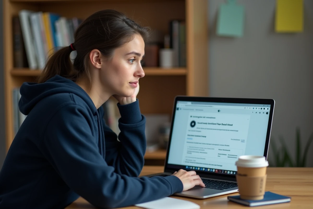 Étudiante frustrée devant son ordinateur portable affichant une erreur de cours introuvable sur une plateforme e-learning