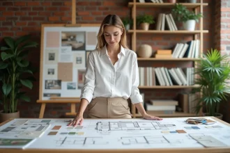 Étudiante en décoration d'intérieur travaillant sur des planches d'ambiance et des plans d'aménagement dans un studio de design professionnel
