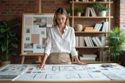 Étudiante en décoration d'intérieur travaillant sur des planches d'ambiance et des plans d'aménagement dans un studio de design professionnel