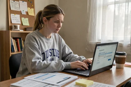 Étudiante effectuant ses démarches CVEC en ligne depuis son appartement, concentrée sur son ordinateur portable avec des documents administratifs posés sur son bureau