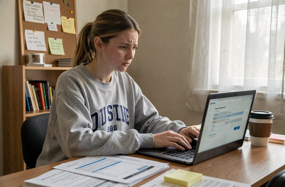 Étudiante effectuant ses démarches CVEC en ligne depuis son appartement, concentrée sur son ordinateur portable avec des documents administratifs posés sur son bureau