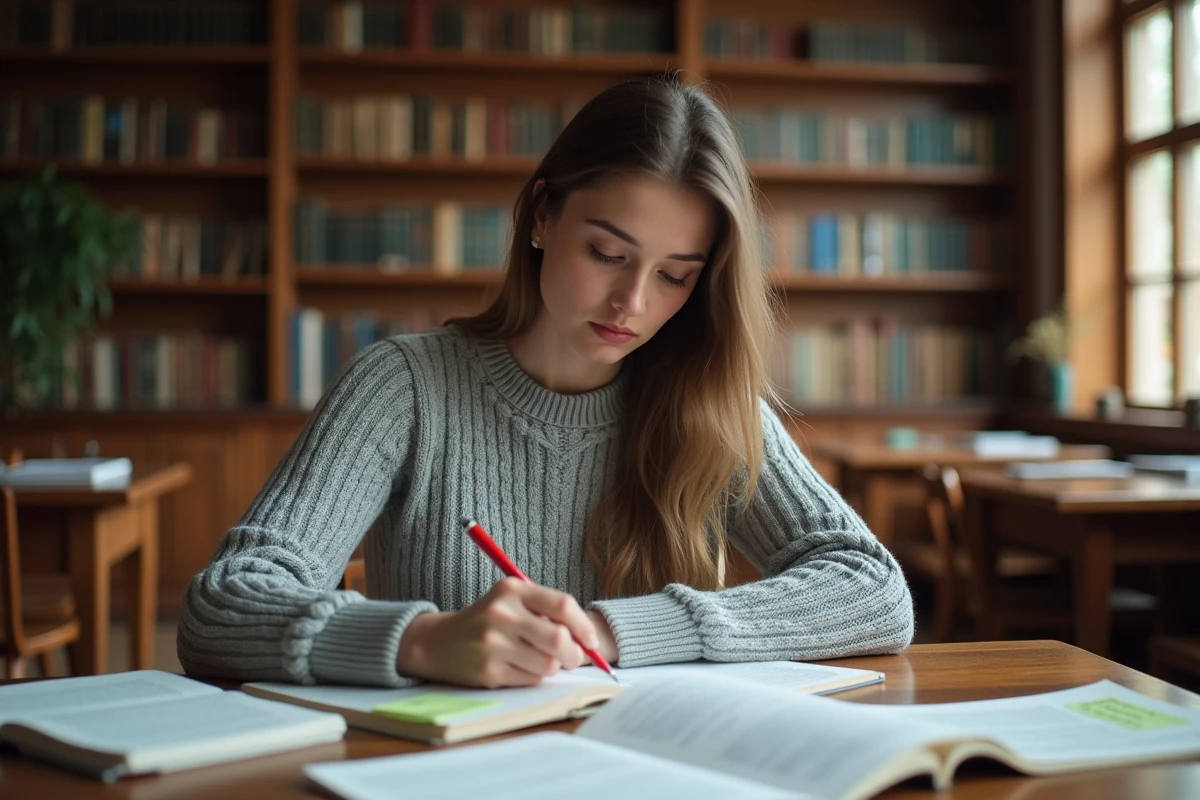 Étudiante annotant un exercice de ponctuation dans un manuel de grammaire française à la bibliothèque universitaire