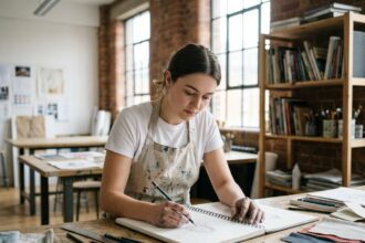 Étudiante en année de mise à niveau arts appliqués dessinant dans un atelier créatif avec matériaux et esquisses sur table en bois