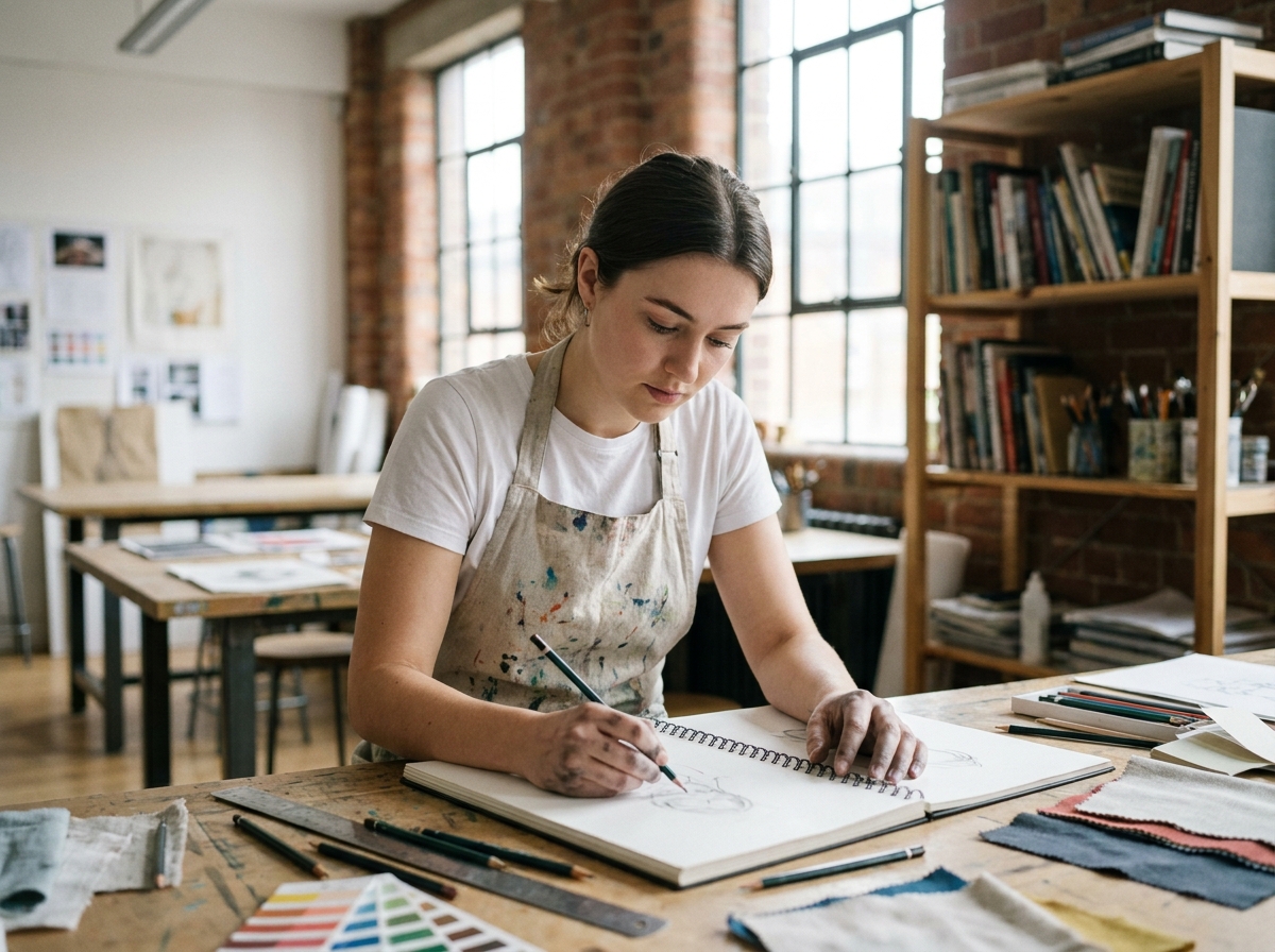 Étudiante en année de mise à niveau arts appliqués dessinant dans un atelier créatif avec matériaux et esquisses sur table en bois