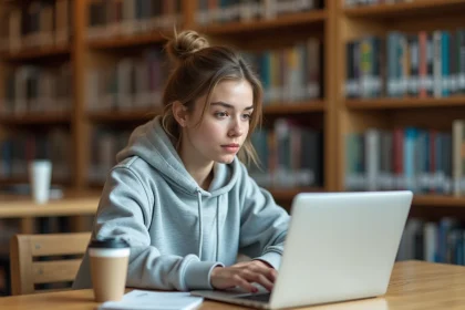 Étudiante consultant la plateforme Moodle sur son ordinateur portable dans une bibliothèque universitaire moderne