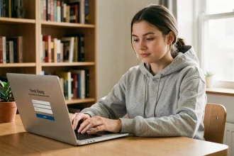 Étudiante connectée pour la première fois à un portail universitaire en ligne sur son ordinateur portable dans sa chambre de résidence