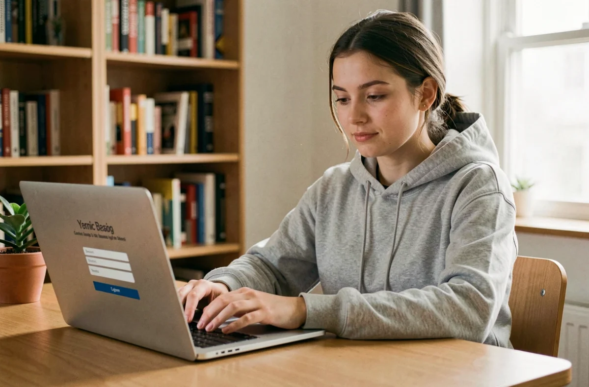 Étudiante connectée pour la première fois à un portail universitaire en ligne sur son ordinateur portable dans sa chambre de résidence