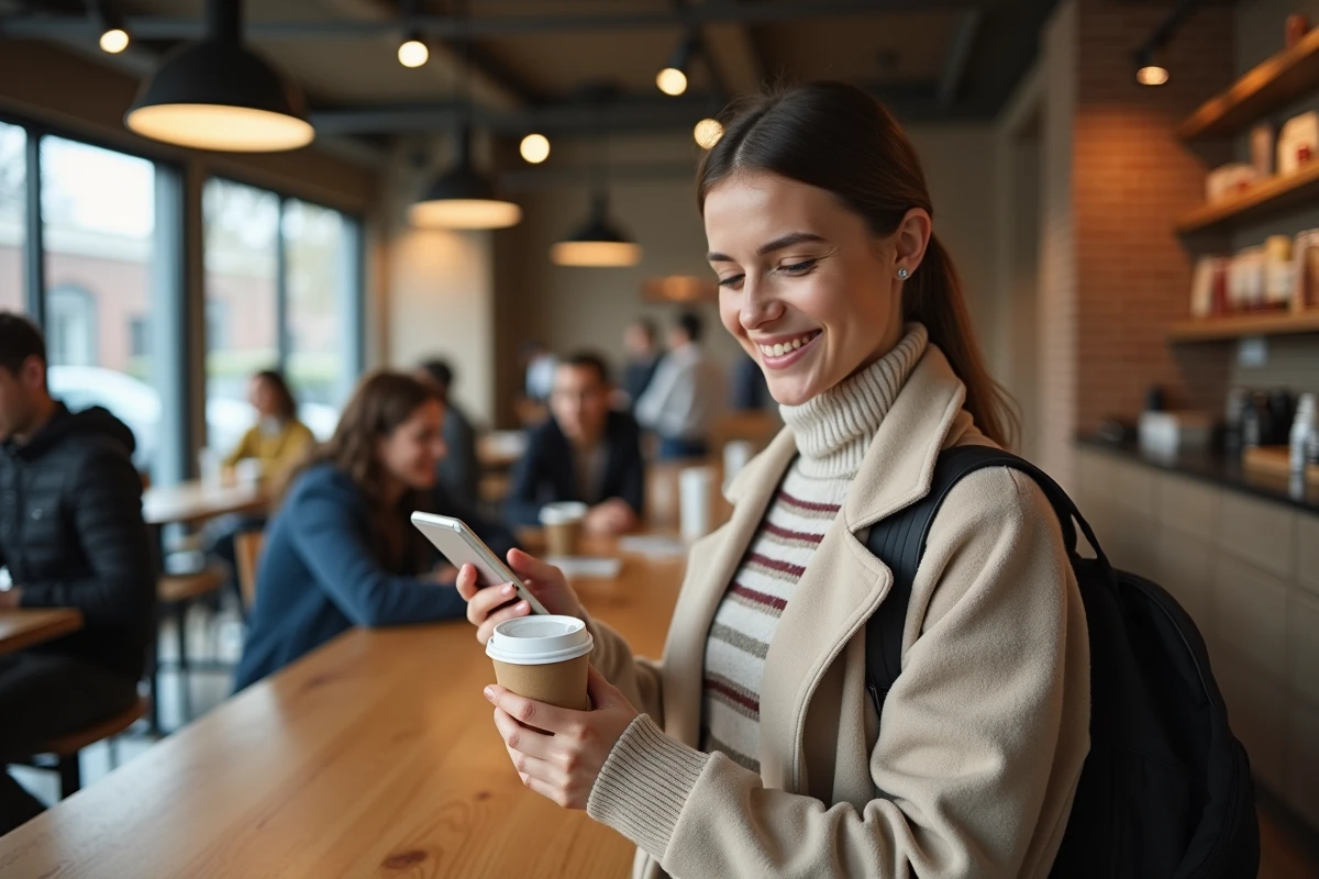 Jeune &eacute;tudiante utilisant une r&eacute;duction Student Bean &agrave; la caf&eacute;t&eacute;ria de son campus universitaire en scannant un QR code