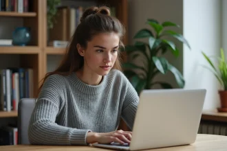 Étudiante utilisant NetYParéo sur son ordinateur portable pour réviser ses cours dans sa chambre
