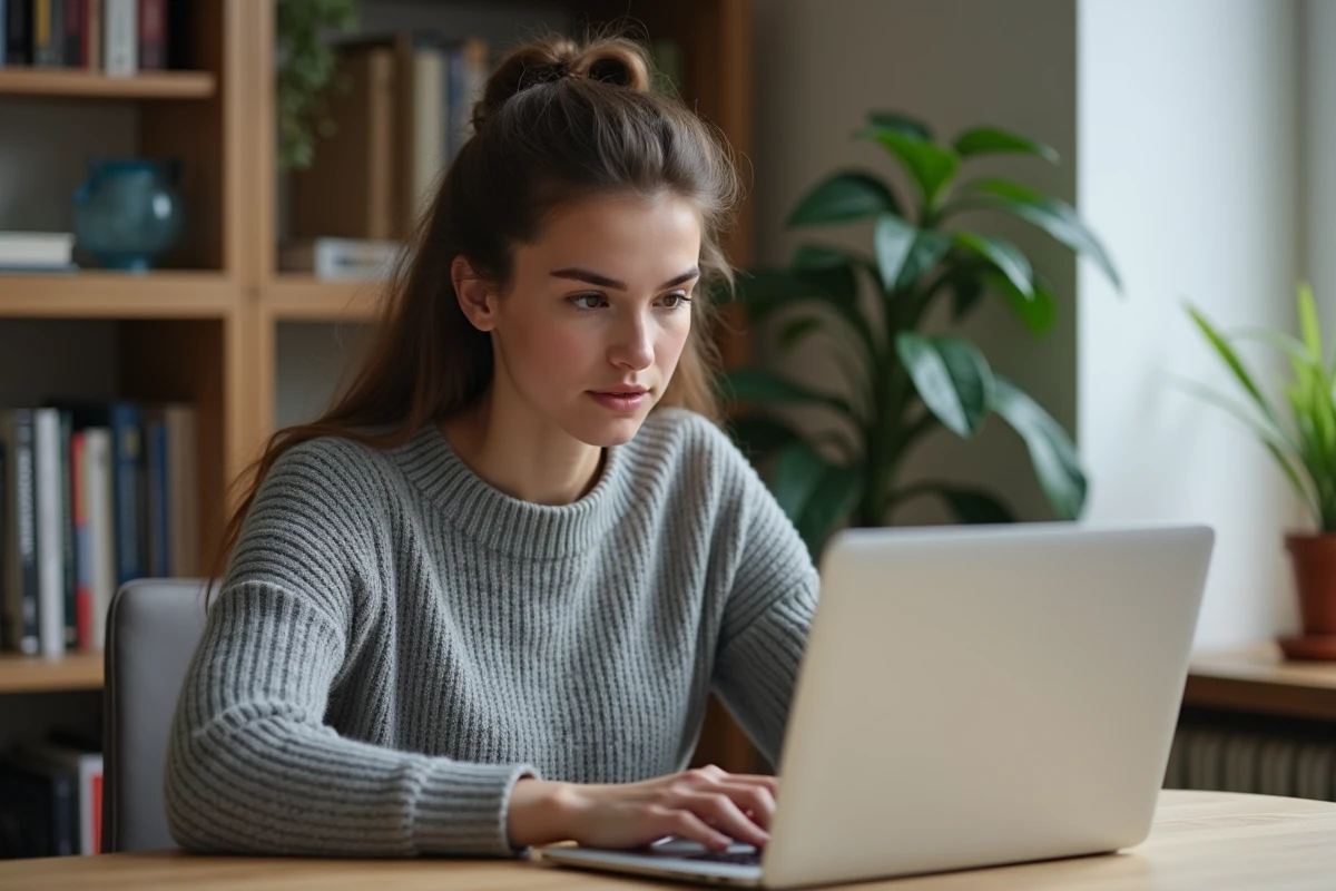 Étudiante utilisant NetYParéo sur son ordinateur portable pour réviser ses cours dans sa chambre