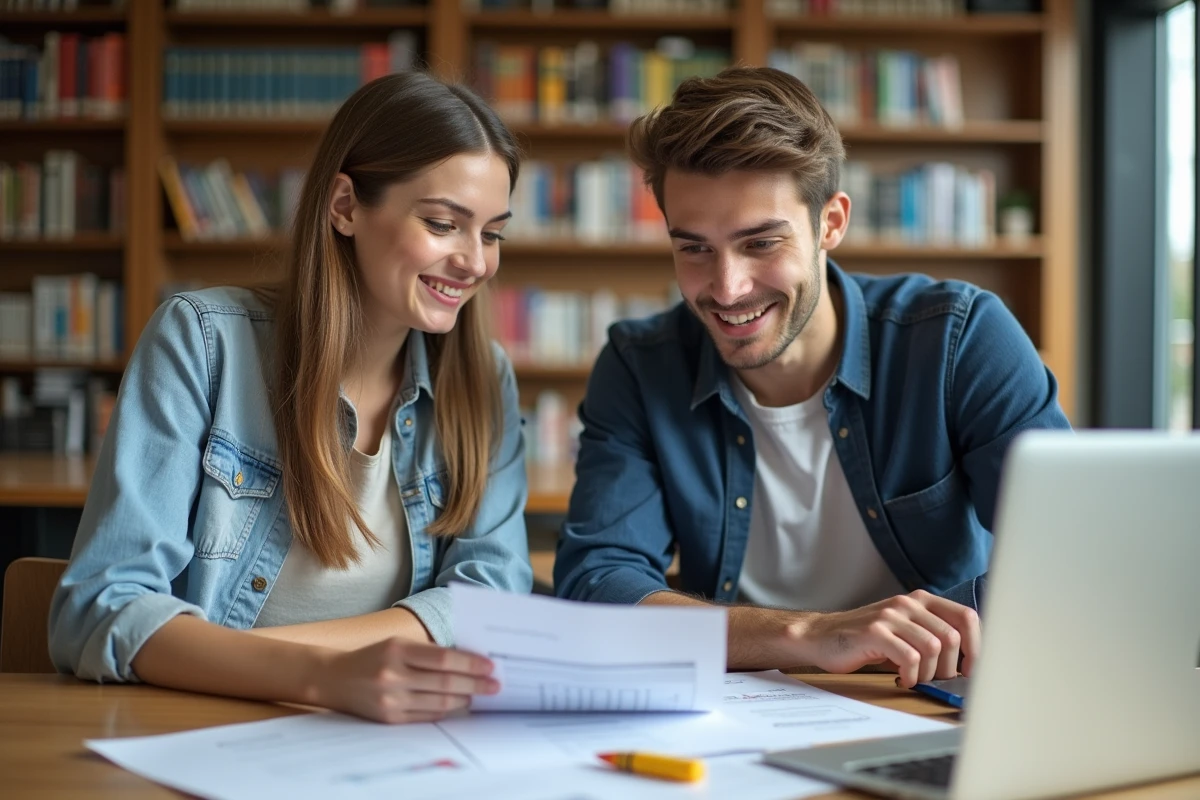 Deux étudiants en alternance étudiant ensemble les démarches CVEC dans une bibliothèque universitaire