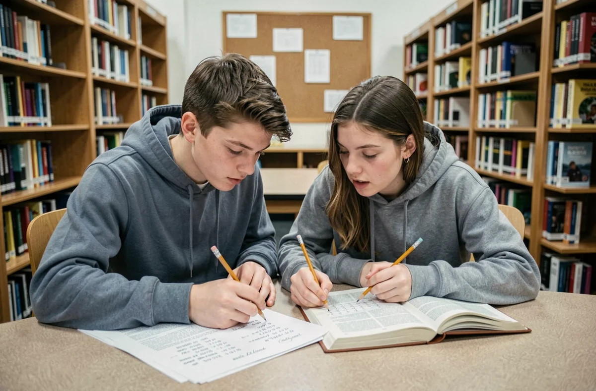 Deux lycéens calculant ensemble leurs moyennes pondérées par coefficient à la bibliothèque scolaire