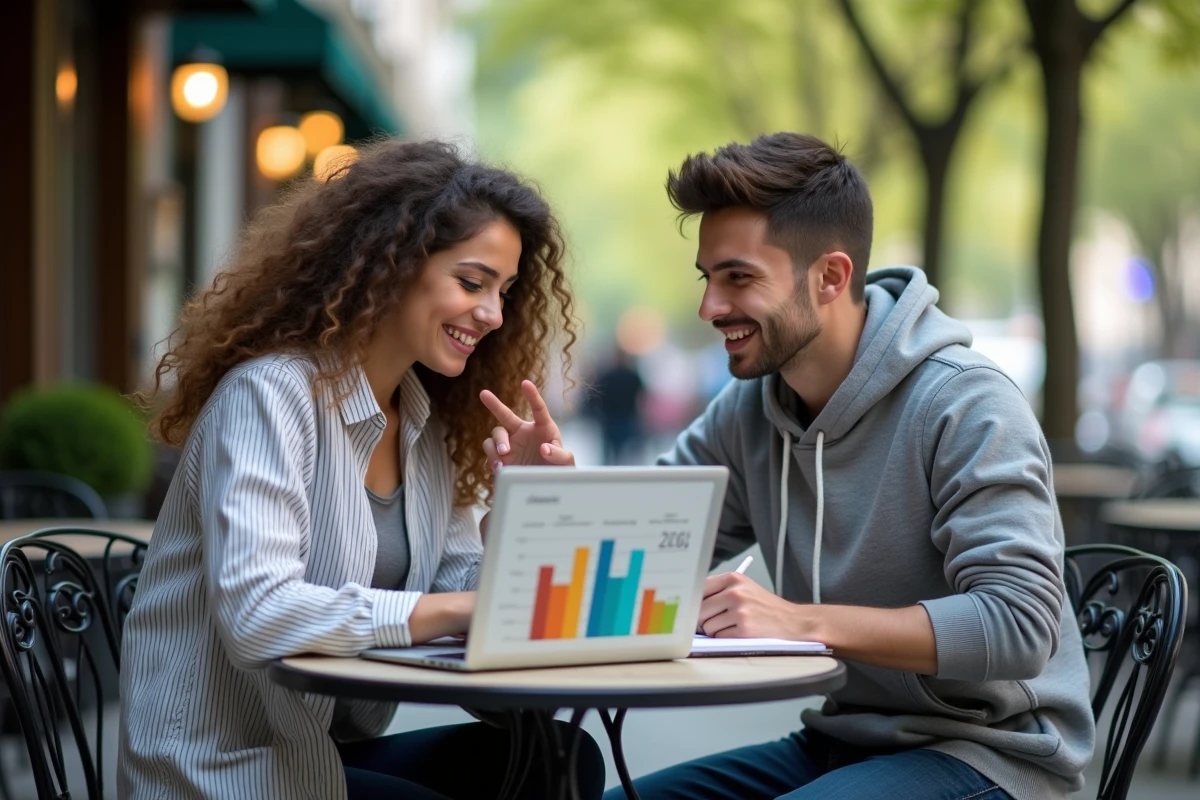 Deux étudiants comparant les coefficients BCE 2026 sur un ordinateur portable en terrasse de café