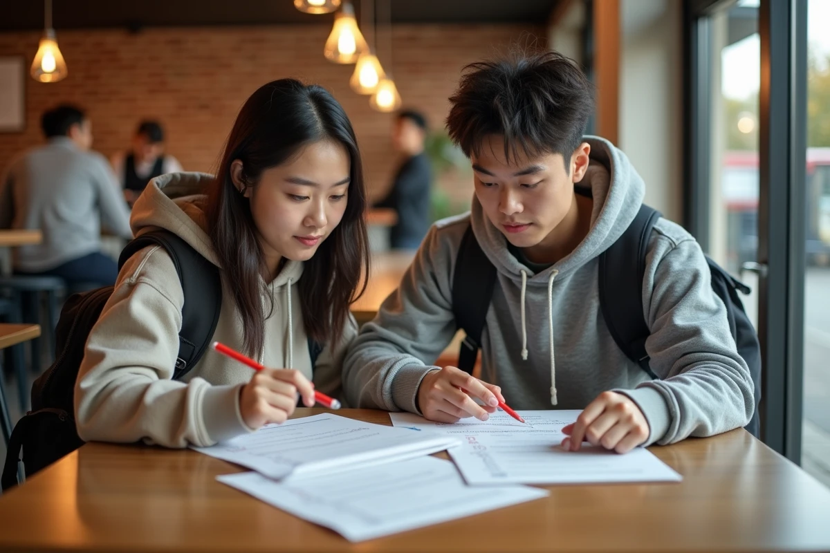 Deux étudiants universitaires qui corrigent ensemble un exemple de test TOEIC imprimé dans un café du campus