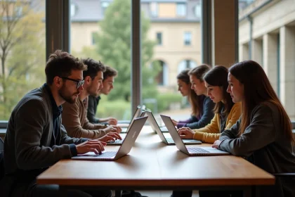 Groupe d'&eacute;tudiants universitaires en &eacute;tude dans une salle moderne