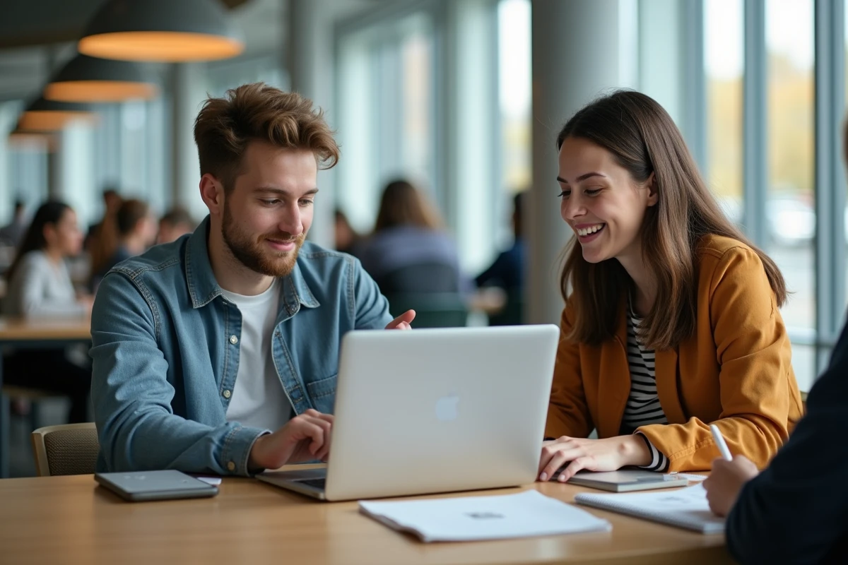 Deux étudiants consultant NetYParéo ensemble à la cafétéria de leur école pour organiser leurs révisions