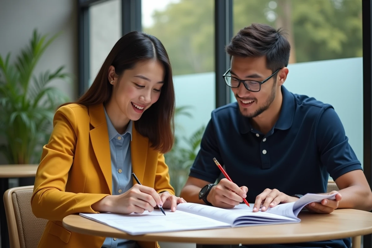 Deux étudiants révisant ensemble les critères de sélection pour intégrer Sciences Po Bordeaux