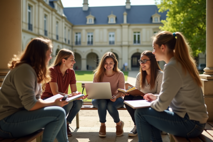 Groupe d'étudiants divers en cour de fac ensoleillée en France