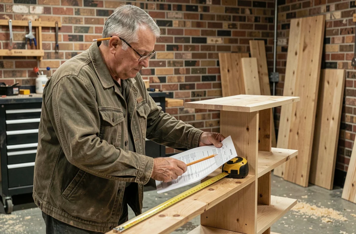Homme expérimenté évaluant ses compétences en bricolage avec une fiche d'évaluation dans un atelier garage, apprentissage pratique et certification