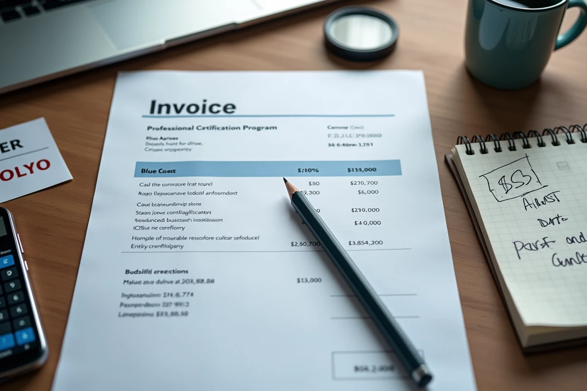 Vue aérienne d'une facture de certification brico avec calculatrice et notes budgétaires sur un bureau