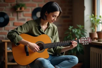 Femme jouant un accord de guitare Gm en position de barré sur une guitare classique acoustique dans un studio home recording