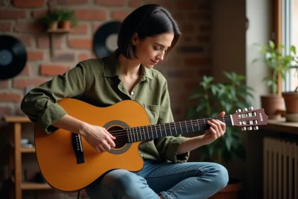 Femme jouant un accord de guitare Gm en position de barré sur une guitare classique acoustique dans un studio home recording