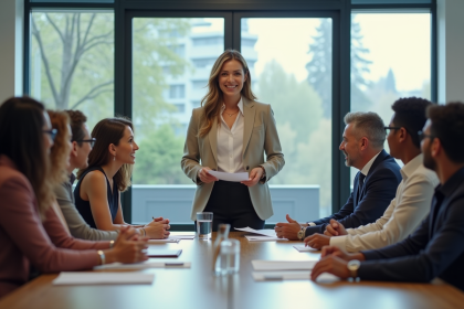 Femme d'affaires confiante guidant une equipe lors d'une brainstorming