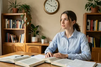 Jeune femme étudiant l'heure en anglais avec un manuel ouvert et une horloge murale analogique dans un bureau à domicile