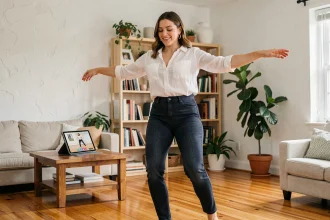 Femme apprenant le sirtaki seule à la maison en suivant un tutoriel sur tablette