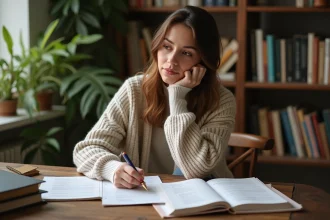 Femme concentrée étudiant une fiche de grammaire française