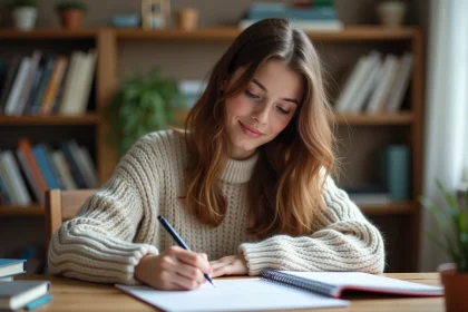Jeune femme &eacute;crivant des verbes fran&ccedil;ais dans un cahier