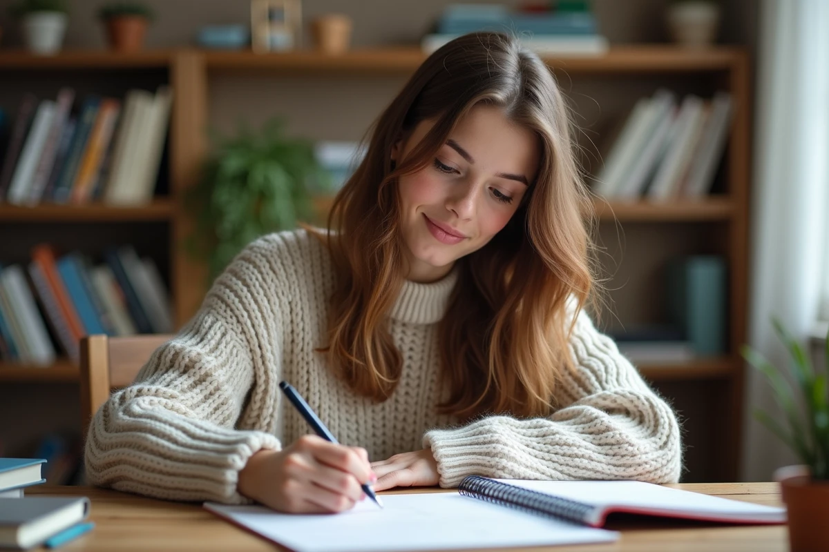 Jeune femme écrivant des verbes français dans un cahier