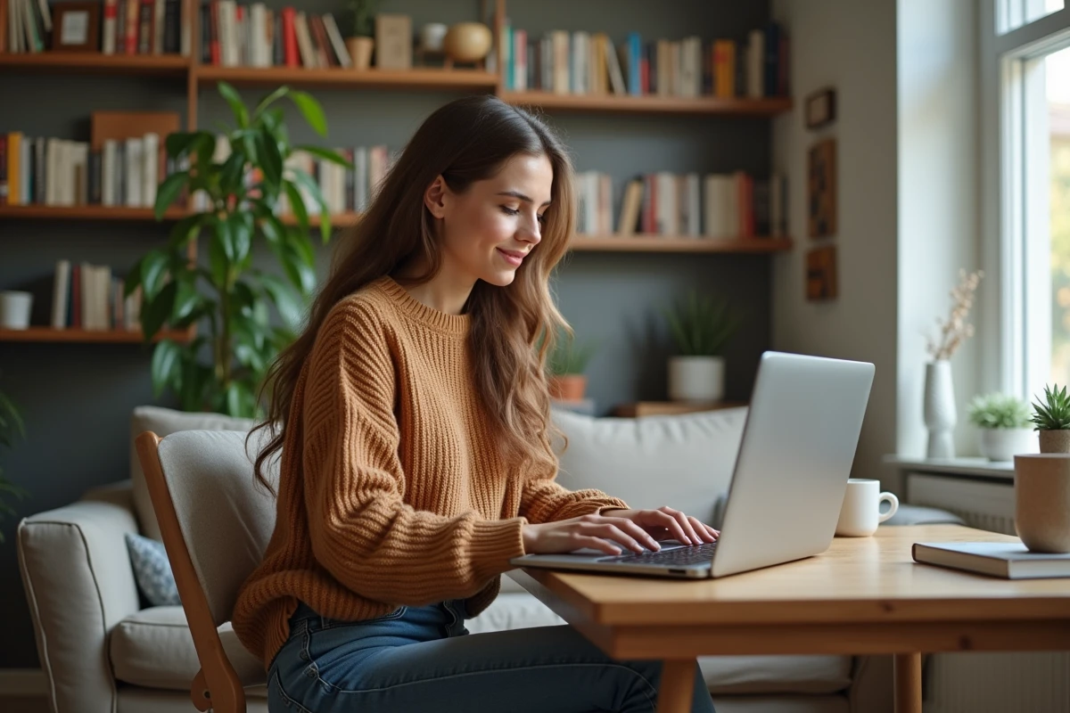 Jeune femme concentrée sur son ordinateur pour apprendre des langues