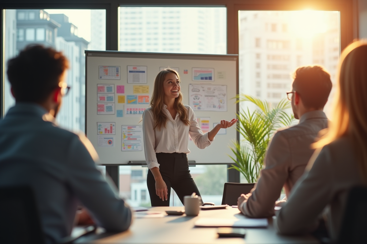 Jeune femme confiante en réunion de brainstorming