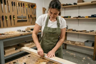 Femme adulte mesurant une planche en bois dans un atelier de bricolage organisé, portant un tablier vert olive, expression concentrée et confiante