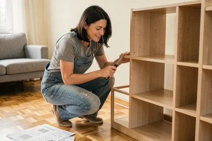 Femme adulte en salopette assemblant une étagère en bois dans son salon, illustrant l'autonomie en bricolage à domicile
