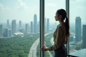 Jeune femme contemplant la skyline urbaine moderne