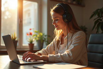 Jeune femme concentrée à son bureau lumineux