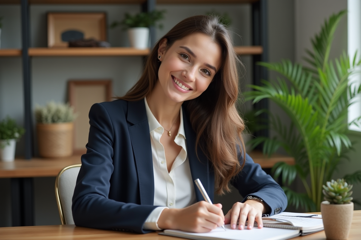 Jeune femme souriante prenant des notes dans un bureau moderne