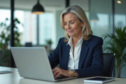 Femme en blazer navy travaillant sur un laptop dans un bureau moderne