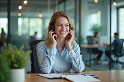 Jeune femme en bureau dynamique avec casque et sourire
