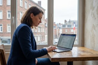 Femme en blazer navy travaillant sur son CV dans un café