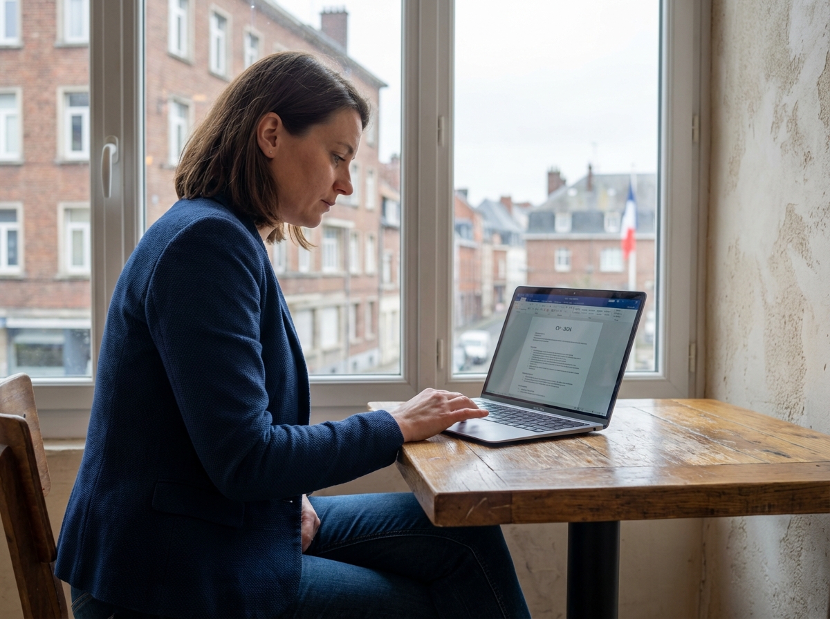 Femme en blazer navy travaillant sur son CV dans un café