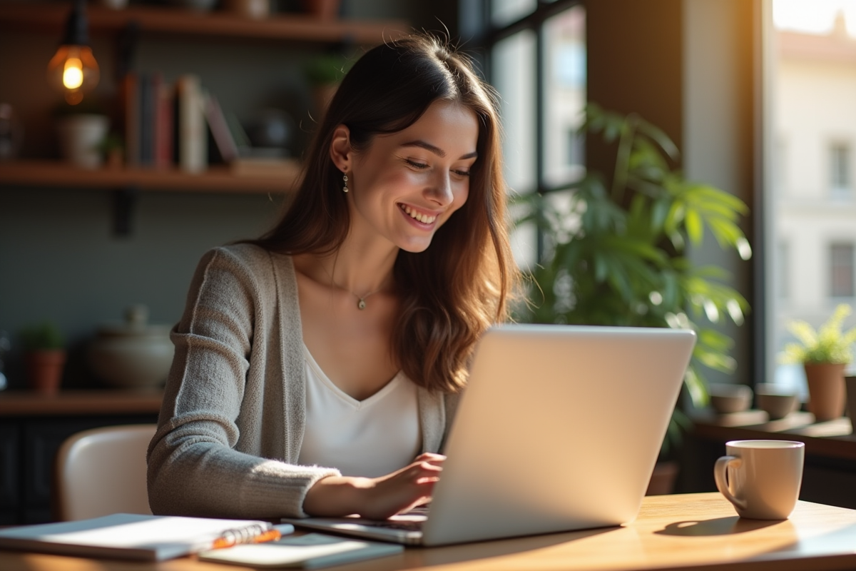 Jeune femme souriante consulte des formations en ligne au café
