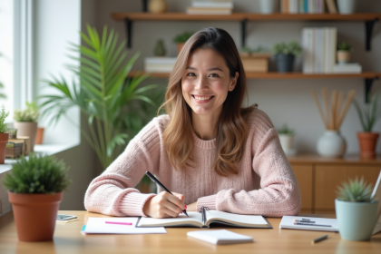 Femme souriante écrivant dans un journal dans un bureau lumineux