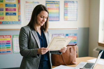 Femme examinant un certificat dans une salle moderne